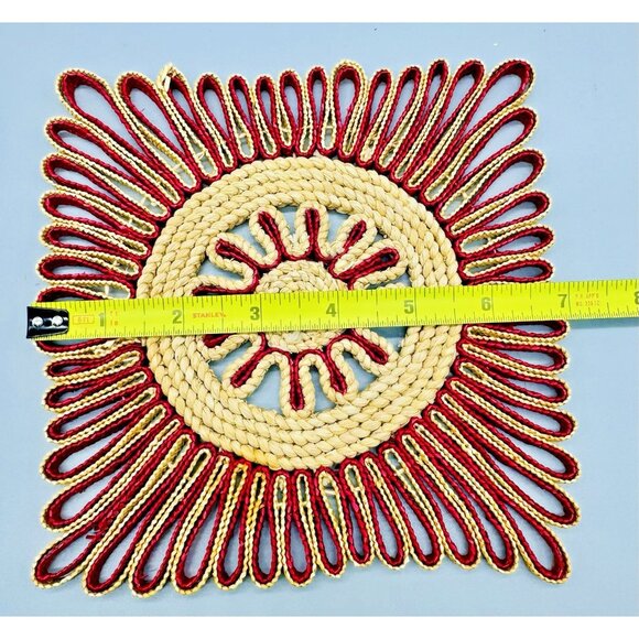 Rafia Woven Colorful Trivets Boho Style Decor Set of 4 1970s Red Square 7 inch - Picture 7 of 7